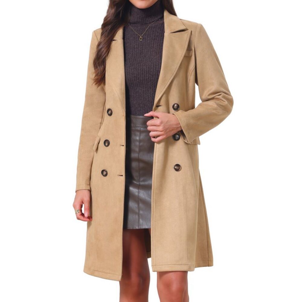 Women's Faux Suede Trench Coat Notched Lapel Mid-Long Overcoat Khaki